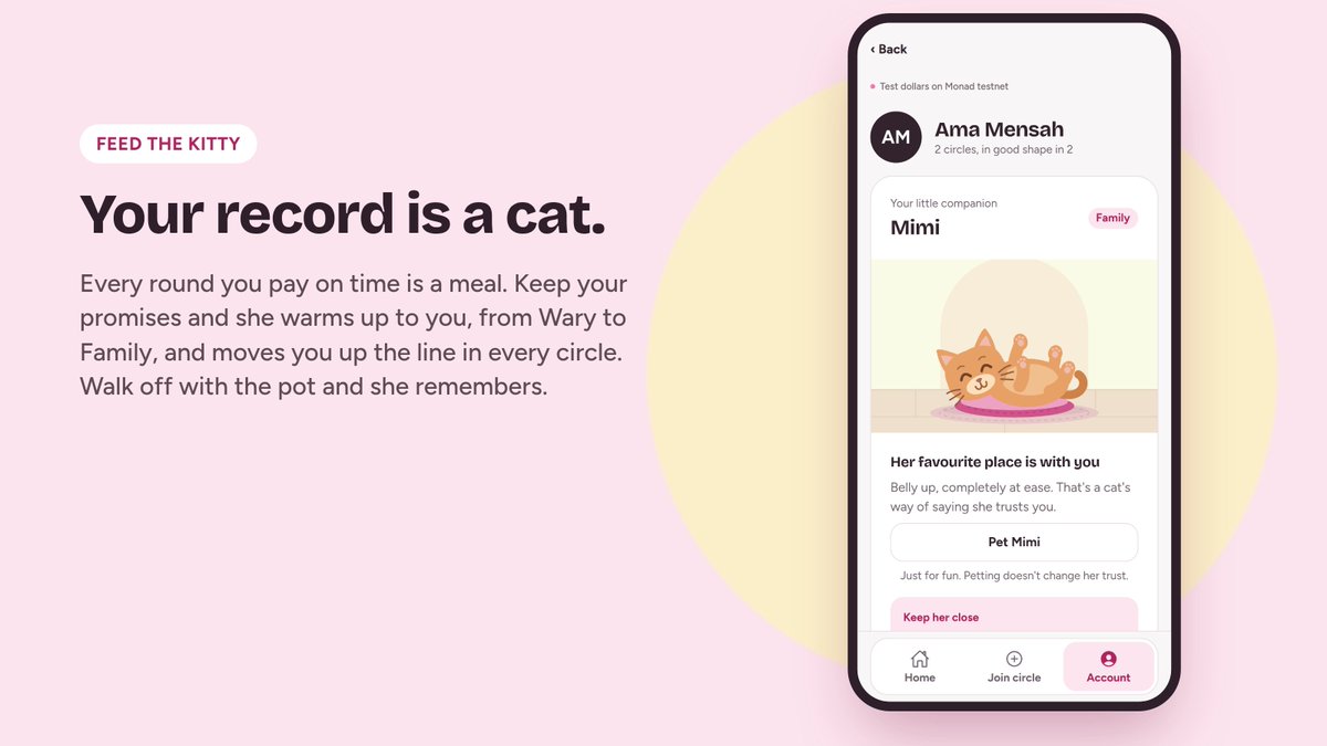 Kitty_Monad's tweet photo. Meet Kitty 🐱

The savings circle your family runs, but on your phone.

Everyone chips in. You take turns with the pot. A contract holds the cash, not a person.

Pay on time and your cat learns to trust you.

Live on @monad testnet:
https://t.co/cya5yhztG2 https://t.co/zNzR4yw2US