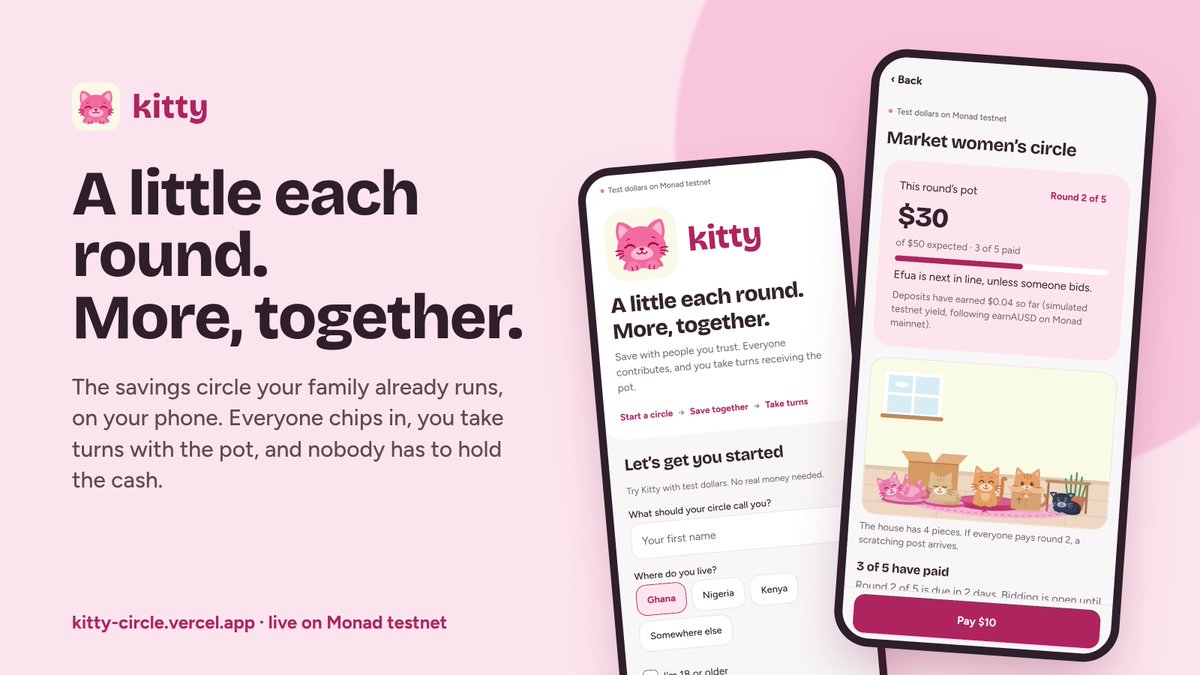 Kitty_Monad's tweet photo. Meet Kitty 🐱

The savings circle your family runs, but on your phone.

Everyone chips in. You take turns with the pot. A contract holds the cash, not a person.

Pay on time and your cat learns to trust you.

Live on @monad testnet:
https://t.co/cya5yhztG2 https://t.co/zNzR4yw2US