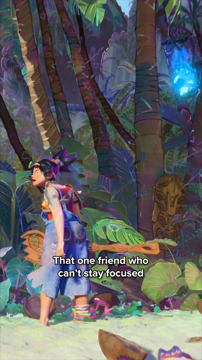 A 3D animated scene of a girl with dark hair in a tropical jungle setting, surrounded by palm trees and vibrant foliage, with a meme caption reading 'That one friend who can't stay focused'.