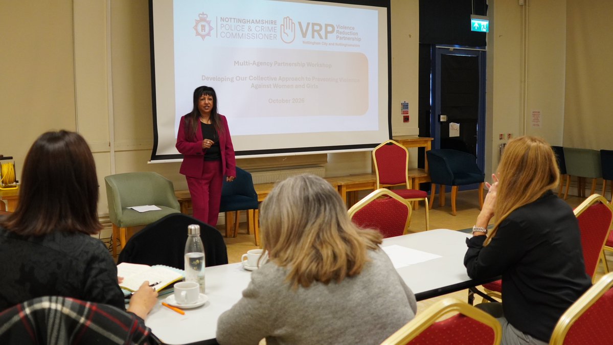 NottsOPCC's tweet photo. 💜Working together to prevent violence against women and girls.

Earlier today, Deputy PCC @AngelaKandola welcomed partners from policing, local government, the third sector and other organisations to a PCC-led Violence Against Women and Girls (VAWG) Prevention Workshop. https://t.co/Mg4QDdrOVe
