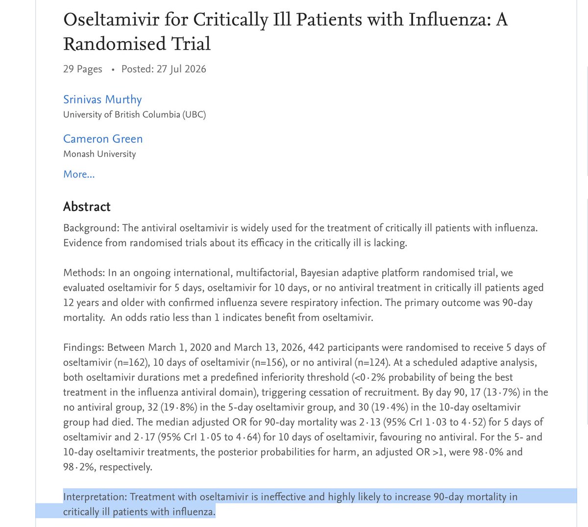 jeffreytucker's tweet photo. For 25 years, this poison called Tamiflu has been on the market, billions of dollars profited. A doc tried to push it on me just yesterday. Here is the latest RCT from Lancet: "Treatment with oseltamivir is ineffective and highly likely to increase 90-day mortality in critically ill patients with influenza." https://t.co/aUMvs0V46d