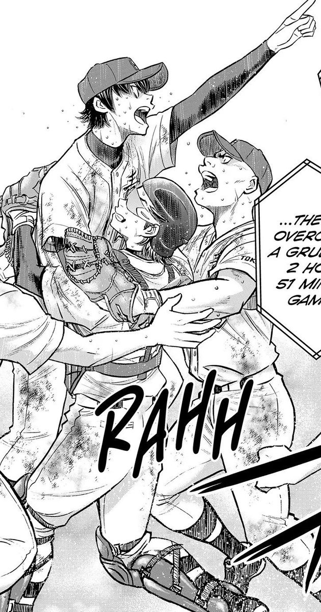 promiyuki's tweet photo. I feel like these illustrations definitively explain how Miyuki was able to run over and lift Eijun up while still wearing his heavy catcher gear.

Officially, Miyuki weighs 71 kg and Eijun weighs 65 kg, but the guidebook only covers Act I, so Miyuki likely has more muscle now… https://t.co/6Ro0jXoODQ
