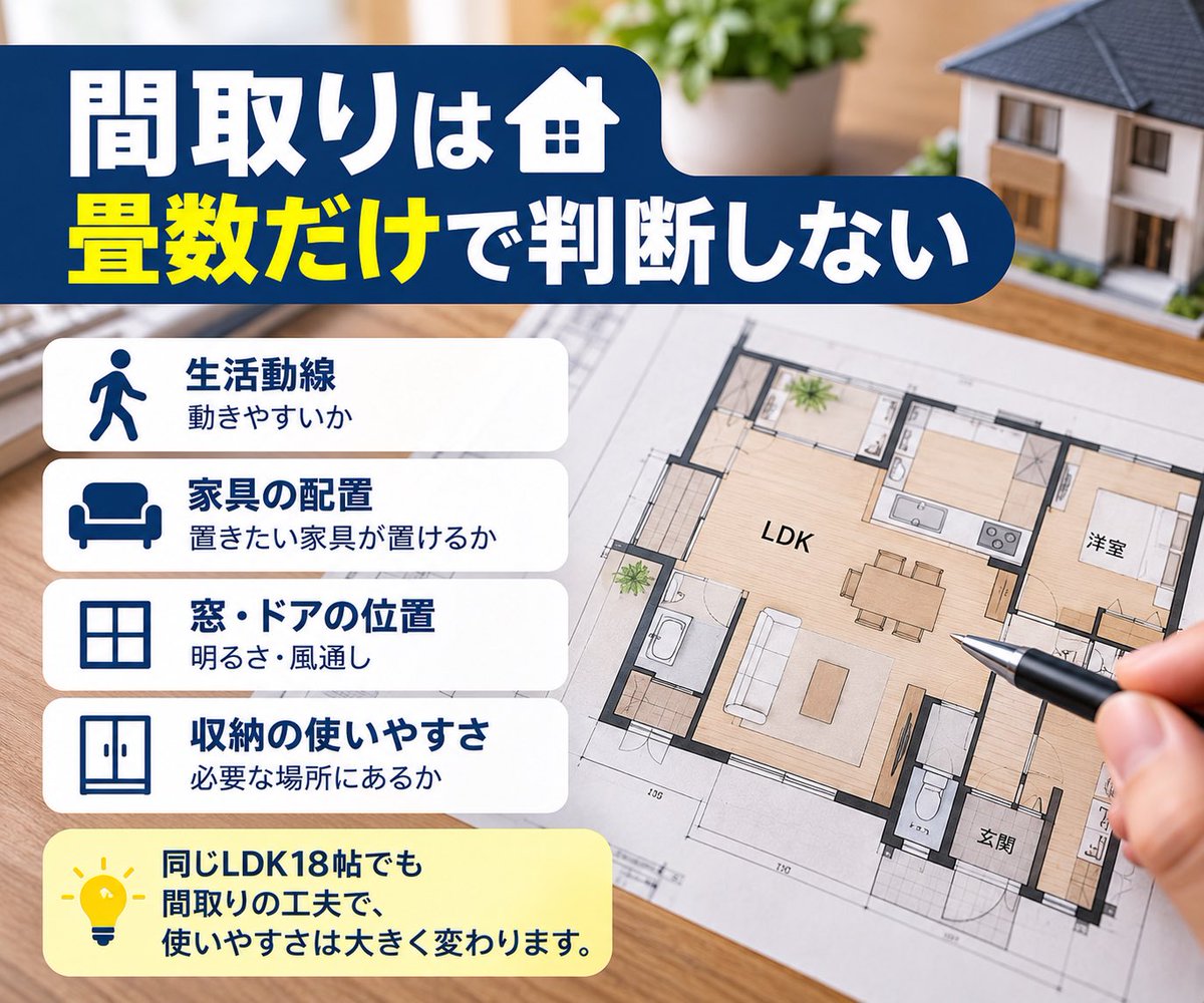 sumai_opinion's tweet photo. 間取りは「広さ」より、家具を置いて考える🏠

図面上では広く見えても、ソファやダイニングを置くと通路が狭くなることがあります。

私は間取りを見るとき、家具配置と生活動線をセットで確認します。

「何帖あるか」より「どう使えるか」が大切です。

#間取り #住宅購入 https://t.co/1fnzYE4QIH