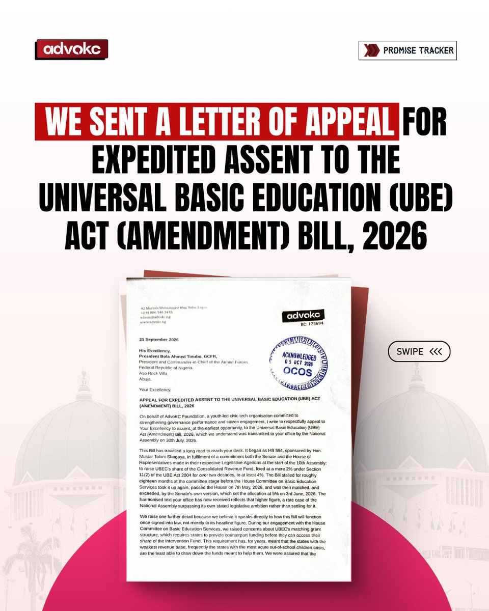 weareadvoKCng's tweet photo. Yesterday, we delivered a letter to the President, through the Office of the Chief of Staff, urging President Bola Ahmed Tinubu to urgently assent to the Universal Basic Education (UBE) Act (Amendment) Bill, 2026.

The Bill proposes an increase in UBEC’s share of the Consolidated Revenue Fund from 2% to 5%, potentially providing significantly more resources for basic education across Nigeria.

We also highlighted the need to address the challenges around states’ access to UBEC intervention funds, particularly the counterpart funding requirement that can prevent states with weaker revenue bases from accessing funds meant to address the education crisis.

The letter was acknowledged by the Office of the Chief of Staff on *5 October 2026.

With millions of Nigerian children still out of school*, this is not just about passing a Bill. It is about ensuring that resources meant for basic education can actually reach the children and communities that need them most.
We hope the Presidency will act with urgency and give this Bill the assent it deserves.

Nigeria cannot afford to delay investment in basic education.

#UBEC #KeepPromises