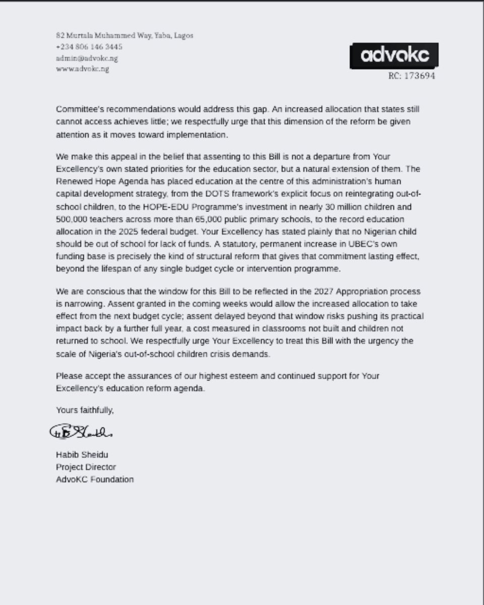 weareadvoKCng's tweet photo. Yesterday, we delivered a letter to the President, through the Office of the Chief of Staff, urging President Bola Ahmed Tinubu to urgently assent to the Universal Basic Education (UBE) Act (Amendment) Bill, 2026.

The Bill proposes an increase in UBEC’s share of the Consolidated Revenue Fund from 2% to 5%, potentially providing significantly more resources for basic education across Nigeria.

We also highlighted the need to address the challenges around states’ access to UBEC intervention funds, particularly the counterpart funding requirement that can prevent states with weaker revenue bases from accessing funds meant to address the education crisis.

The letter was acknowledged by the Office of the Chief of Staff on *5 October 2026.

With millions of Nigerian children still out of school*, this is not just about passing a Bill. It is about ensuring that resources meant for basic education can actually reach the children and communities that need them most.
We hope the Presidency will act with urgency and give this Bill the assent it deserves.

Nigeria cannot afford to delay investment in basic education.

#UBEC #KeepPromises