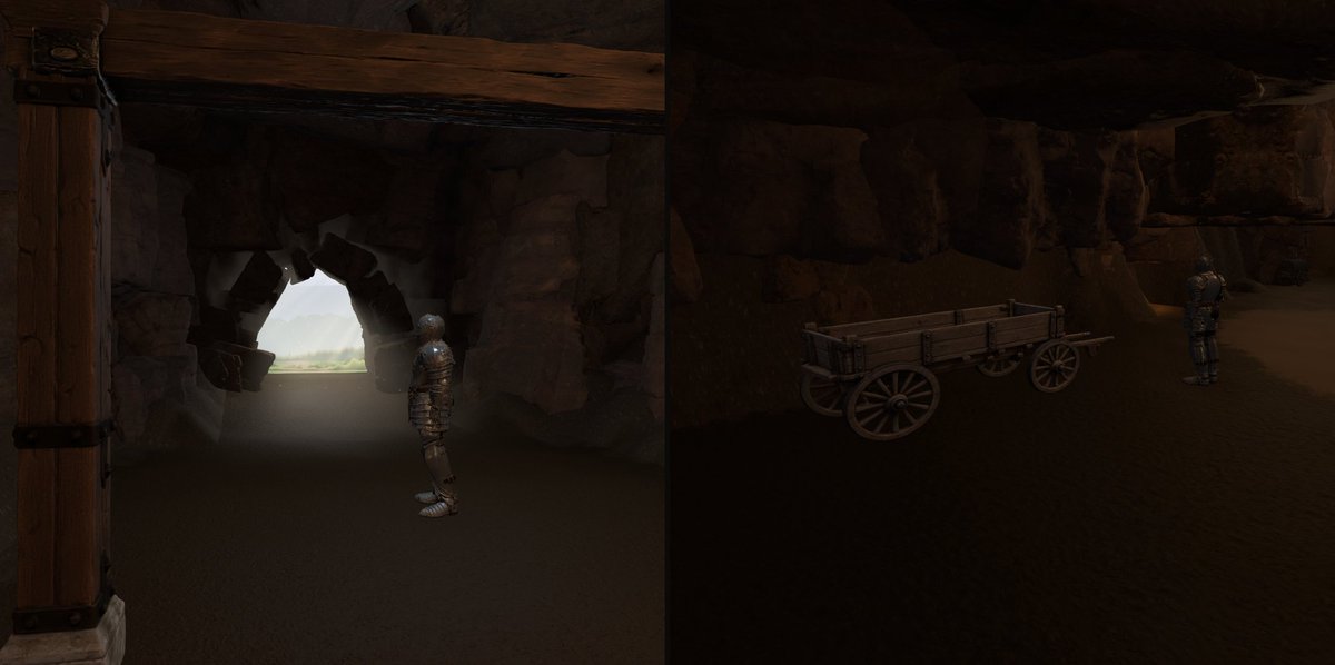 fellwsoftware's tweet photo. Cave exits finally look like a way out ☀️

• Leaving a cave used to mean walking toward a flat, washed-out white sheet. Now the exit opens through a rough rock arch onto real countryside: a grassy path, a misty valley, a treeline and hills under a bright sky. Warm daylight spills into the passage, dust drifts through the beam, and the view shifts as you walk up to it.
• Wagons, handcarts, crates and camp supplies were the wrong size, with one wagon barely reaching your hip. They're now built to true human scale, so they stand beside you the way the real thing would.
• Cleaner routes: clutter no longer pokes out into the paths you walk, the full-size wagon is parked against the wall instead of crowding the main route through Redoubt Hollow, and you can no longer walk straight through straw bedding.

The picture shows Redoubt Hollow's new exit and its wagon, each beside a knight in plate.

#HollowCovenant #IndieGame