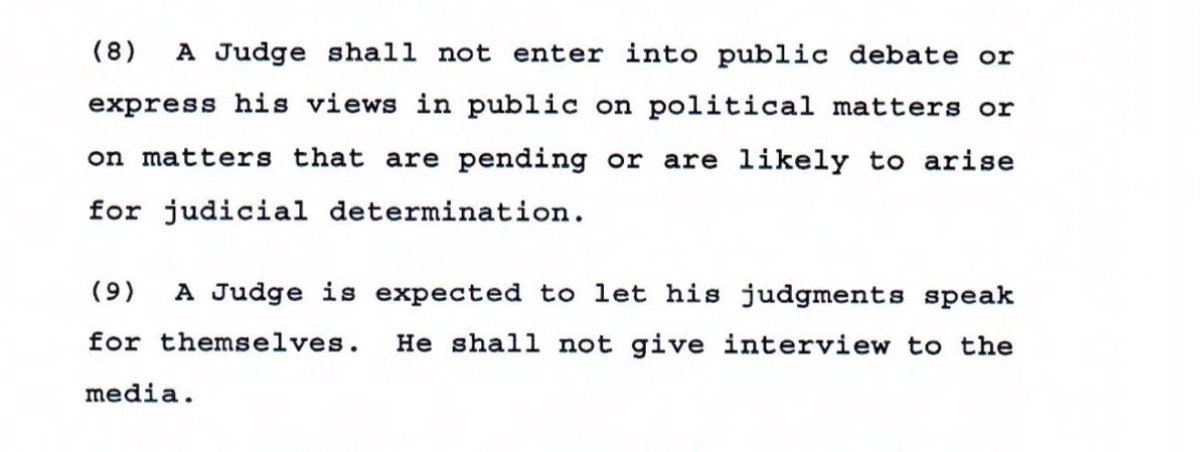 LegalTalwar's tweet photo. A question for Justice Bhuyan:
is Supreme Court still practicing these tenets? A lot of morality lectures being given by upbeat Constitutional law experts. That he was just “defending the Constitution”. A full court resolution is Constitutional? Despite the Code of Conduct, why are political statements being made by a sitting judge on a sub judice issue?

RESTATEMENT OF VALUES OF JUDICIAL LIFE
[As adopted by Full Court Meeting of the Supreme Court of India on 7th May, 1997]