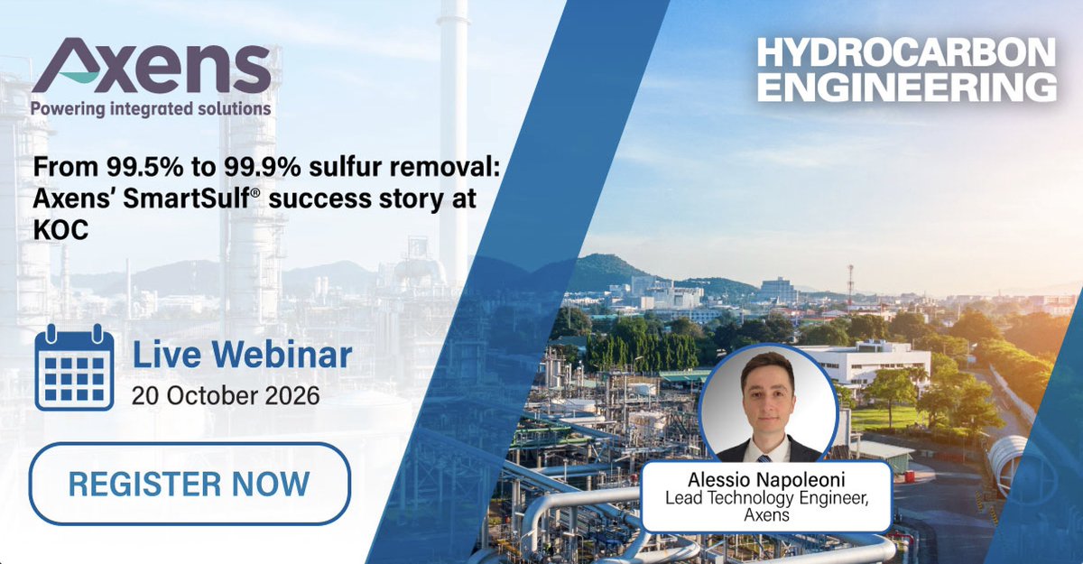 HydrocarbonEng's tweet photo. .@AxensGroup's webinar is in just two weeks! Don’t miss out, register here for free:  https://t.co/0AmxTpaQHo

This webinar will explore the implementation of Axens’ SmartSulf® sulfur recovery technology at Kuwait Oil Co.’s Jurassic Production Facilities.

It will present performance results demonstrating 99.9% sulfur removal efficiency and SO₂ emissions well below regulatory requirements.

Attendees will also gain insight into the integration of SmartSulf® with a compact caustic scrubbing polishing system, reducing utility consumption, CO₂ emissions, and overall project costs compared with conventional tail gas treatment solutions.

Join this webinar for free to find out more: https://t.co/0AmxTpaQHo
