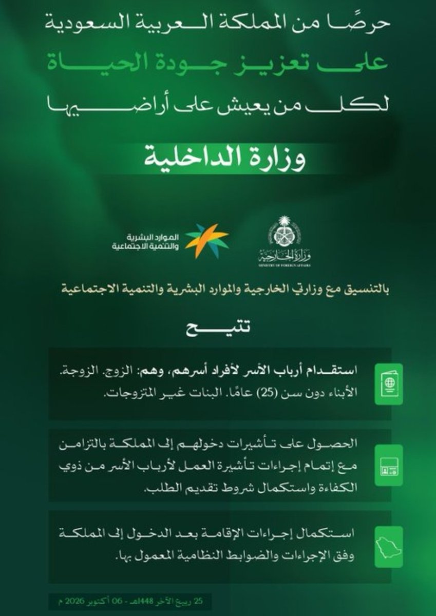 gk98ba's tweet photo. وزارة الداخلية تعلن إتاحة استقدام أسر الوافدين بالتزامن مع إتمام إجراءات تأشيرة العمل لرب الأسرة من ذوي الكفاءة. https://t.co/PvwdEoAp4L
