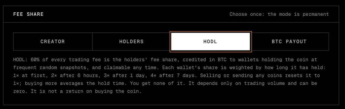 SatPad_SOL's tweet photo. New launch mode on satpad: HODL.

Buy and HODL. The longer you hold, the bigger your share of the coin's fees.

60% of every trade fee on a HODL coin goes to its holders, paid in BTC and claimable any time.
Your share = your coins × your multiplier.

The multiplier:
1× when you buy
2× after 6 hours
3× after 1 day
4× after 7 days

Sell or send any coins and you drop back to 1×. Buying more doesn't reset you; it averages your hold time.

Same 21M rule as every satpad coin: fixed supply, no mint authority, halving curve.
The share depends on trading volume and can be zero. It isn't a return.

Docs: https://t.co/oLdKYr3eIa
