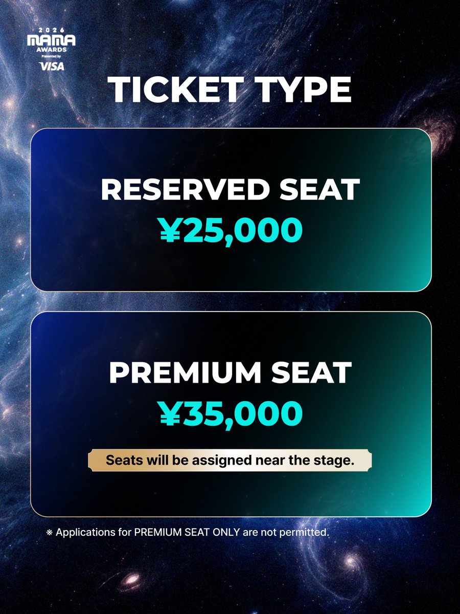 MnetMAMA's tweet photo. [#2026MAMA] MAMA AWARDS Ticket Info & Schedule  

Please find the key ticket information and schedule for <2026 MAMA AWARDS>.
Check the details and important dates now. 

MOVE THE STARS,
A MUSIC INTERSTELLAR
2026 MAMA AWARDS

2026.11.20-21 (KST)
KYOCERA DOME OSAKA & Mnet Plus 

#MAMAAWARDS #2026MAMAAWARDS