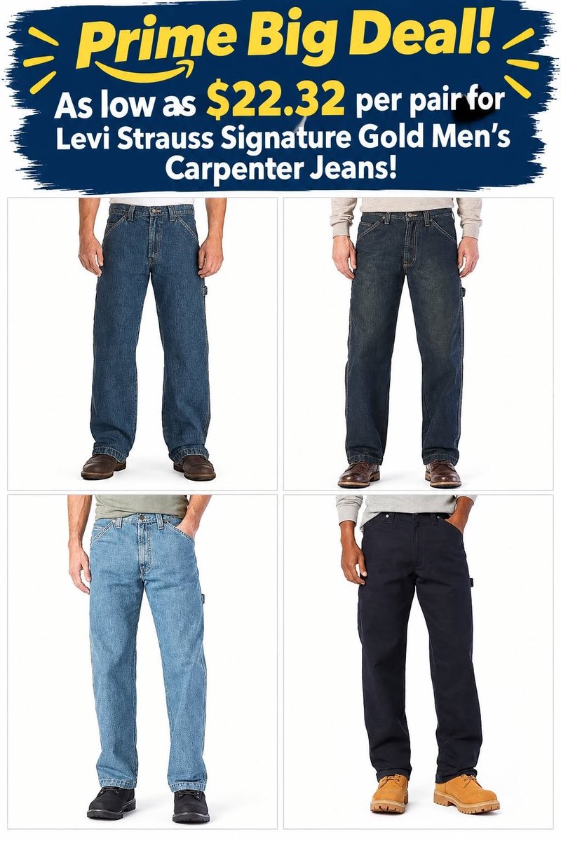 realballadolla's tweet photo. Prime Big Deal! ❗️ As low as $22.32 per pair for Levi Strauss Signature Gold Men's Carpenter Jeans! #ad https://t.co/Wb9aJtI03H #primebigdealdays #levistrauss #mensjeans #menswear #mensworkwear #workpants https://t.co/TcL6Tn6KS1