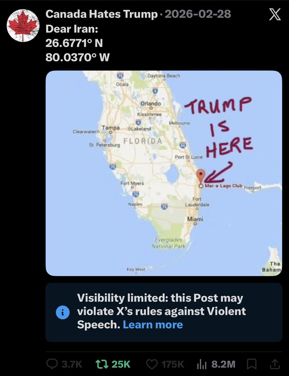 AntiTrumpCanada's tweet photo. Since Trump basically gave Iran permission to blow up Los Angeles or San Diego, I’m reposting my “Dear Iran” tweet.

Apparently, my tweet is labelled as ‘violent speech,’ but Trump inviting Iran to attack American cities?  🤷‍♂️ https://t.co/Pi1EQAvV2i