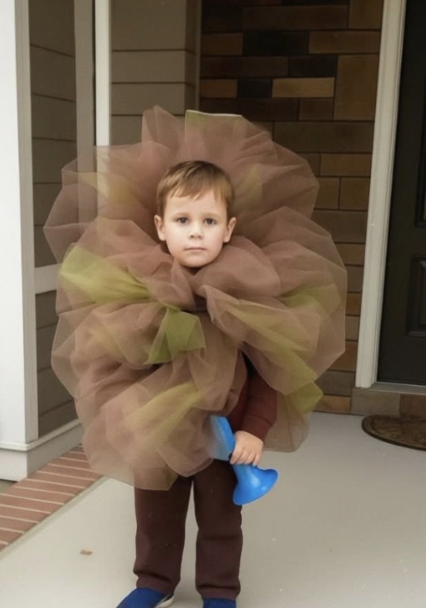 feelgoodtale's tweet photo. My son announced on Tuesday evening, during dinner, that for Halloween he wanted to dress up as a fart.

I literally almost choked on the water I was drinking. He’s six years old. He was just sitting there, serious, with spaghetti sauce on his chin, saying: “I want to be a big brown fart cloud.” My husband looked at me like it was my job to handle the situation. I didn’t know what to say. Where do kids even get these ideas? I told him absolutely not. To pick something normal — a superhero, a dinosaur, anything else. He made that stubborn face that means “he’s never going to let this go.”

He started explaining to me, with the utmost seriousness, that farts are funny, that everyone would laugh, and that it would be the best costume ever. I was exhausted after work, my head was pounding, and I lost my patience. I said: fine. You want to be a fart? Make it yourself. I’ll help you find the materials, but the rest is up to you. I thought he’d give up after ten minutes. He didn’t.
He spent the next three days in the living room, working with brown and beige fabrics I helped him order, because apparently he needed “fart-colored tulle” — a phrase I never thought I’d say. He watched tutorials on my phone about how to gather fabric, asked me for help with the knots, but insisted on arranging every single layer himself. He got frustrated twice, was close to crying, but kept going. His little hands working carefully, his tongue between his teeth as he focused.

Yesterday he finished. He put it on and strutted around the house, proudly showing it off to his father and grandmother, who both looked absolutely stunned. I thought I’d be embarrassed, but instead I felt a strange pride. My son said he wanted to be a fart, I told him to figure it out himself, and he… actually did it.

He’s been sleeping in it for two nights. Two neighbors have already asked if I can make one for their kids, too. I told them he’s taking orders now. Eight dollars per cloud. He’s never been so confident in his life.