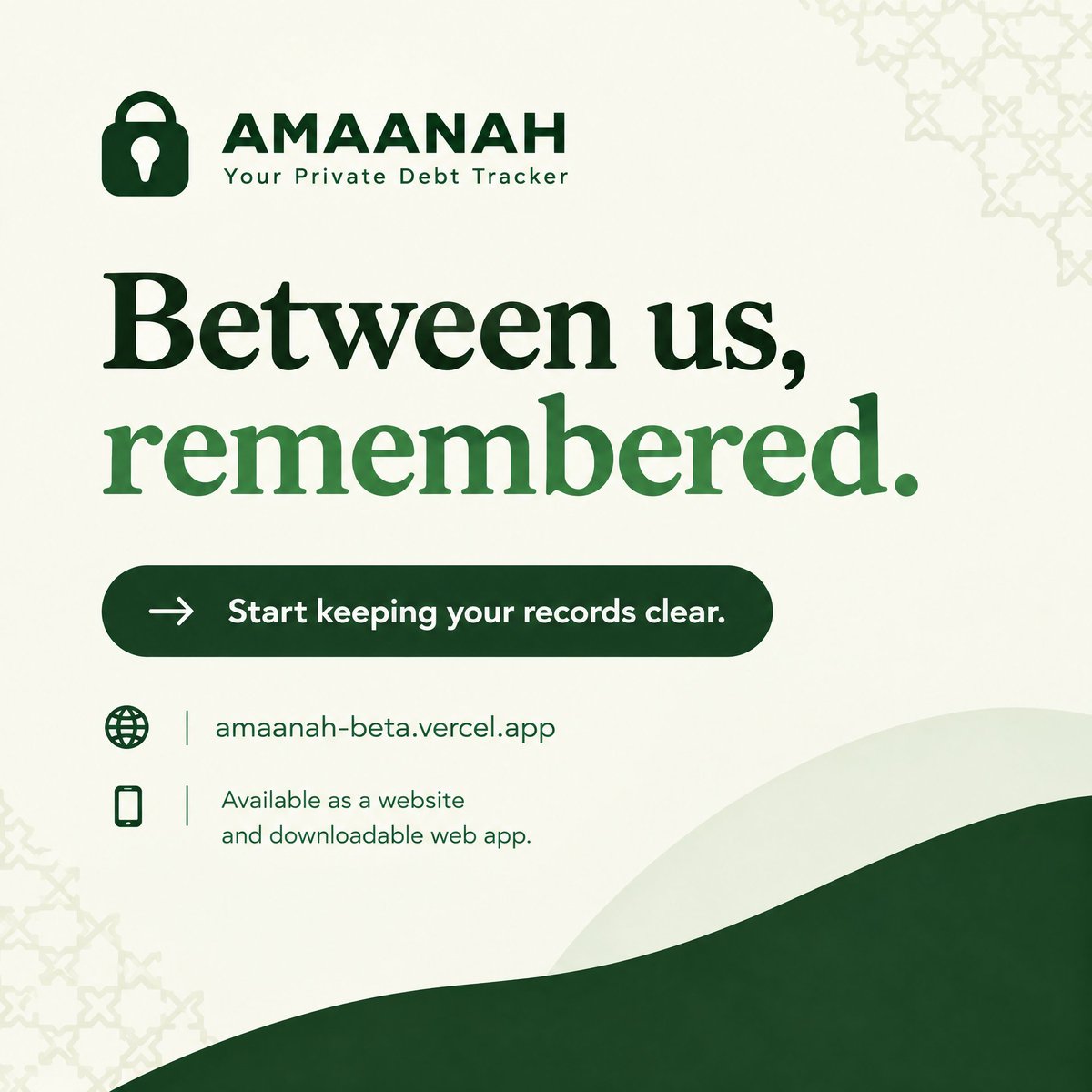 AmaanahHQ's tweet photo. Upgrade the way you track your social finances. 🚀

Amaanah eliminates the friction of lending and borrowing through a simple, private ledger. Keep the money clear and the friendships intact. 🤝 https://t.co/hA6eM7Y6QK