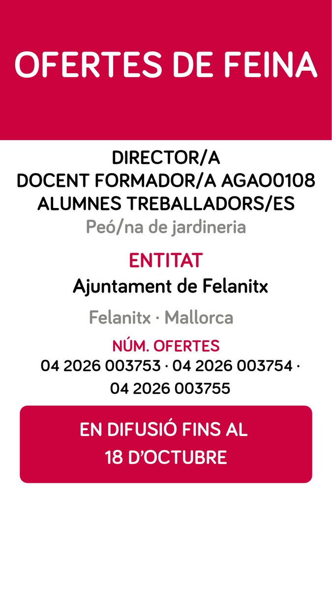SOIBgoib's tweet photo. 📍 També trobaràs oportunitats a Esporles, Felanitx i es Castell: direcció, docència i alumnat treballador.

📅 Consulta el termini de cada oferta als cartells.

🔎 Requisits i candidatures a https://t.co/ZBLD67d6qN

@goib @treball_goib #SOIB https://t.co/e6RVMYHw3b