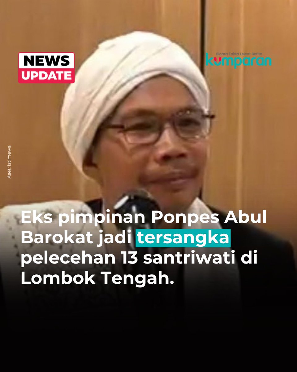 kumparan's tweet photo. Penyidik Satreskrim Polresta Lombok Tengah menetapkan mantan pimpinan Ponpes Abul Barokat Wannafahat, Bunkate, Lombok Tengah, M. Imanuddin Sumar alias Abah AIS, sebagai tersangka kasus dugaan kekerasan seksual terhadap sejumlah santriwati.

"Iya, hari ini mantan pimpinan ponpes jadi tersangka," kata Kasi Humas Polresta Lombok Tengah Iptu Lalu Brata Kusnadi, Selasa (6/10).

Setelah berstatus tersangka, Abah AIS kini menjalani pemeriksaan di Unit Perlindungan Perempuan dan Anak (PPA) Satreskrim Polresta Lombok Tengah. Polisi pun belum membeberkan pasal yang dikenakan maupun memastikan apakah tersangka akan langsung ditahan.

"Untuk penahanan dan pasal yang disangkakan, nanti kami informasikan lebih lanjut. Karena ini pemeriksaan masih berjalan," kata dia.

Sejauh ini polisi sudah meminta keterangan 13 korban yang merupakan santriwati dan mantan santriwati ponpes tersebut.

📸: Dok. Istimewa.

Baca selengkapnya dengan klik link di bio. Cari tahu berita update lainnya dengan download aplikasi kumparan di App Store atau Google Play.⁠
⁠
📝: newsupdate | update | news | oneliner | R018 | E164
⁠
#bicarafaktalewatberita #kumparan