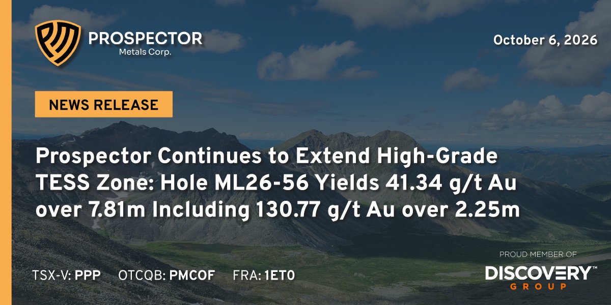 ProspectorMetal's tweet photo. NEWS: Prospector Continues to Extend High-Grade TESS Zone: Hole ML26-56 Yields 41.34 g/t Au over 7.81m Including 130.77 g/t Au over 2.25m

Read: https://t.co/W8oJR1ABnQ

$PPP.V PMCOF #Gold #Copper #Silver #Yukon https://t.co/YUNNmqPhda