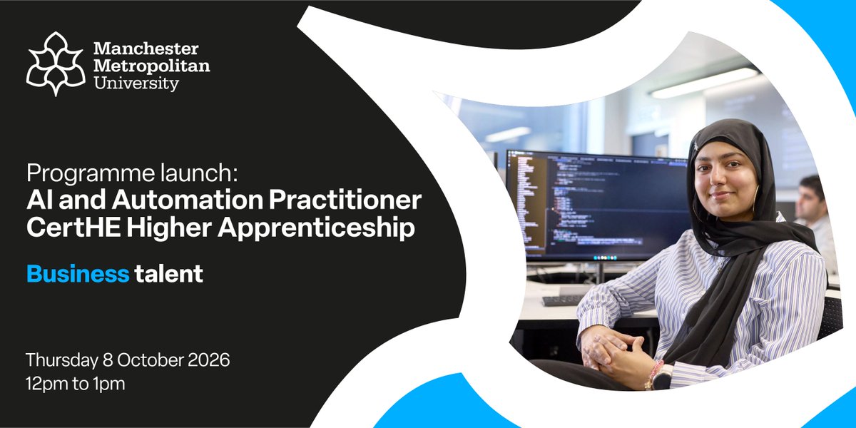 MMUApprentice's tweet photo. Looking to build AI and automation skills across your workforce?

Our new AI and Automation Practitioner Higher Apprenticeship helps you develop talent that can apply AI and automation to your business.

📅 Thursday 8 October, 12pm to 1pm
📍 Online
🔗 https://t.co/MszlVZjLJN https://t.co/JhmV2Yx6RW
