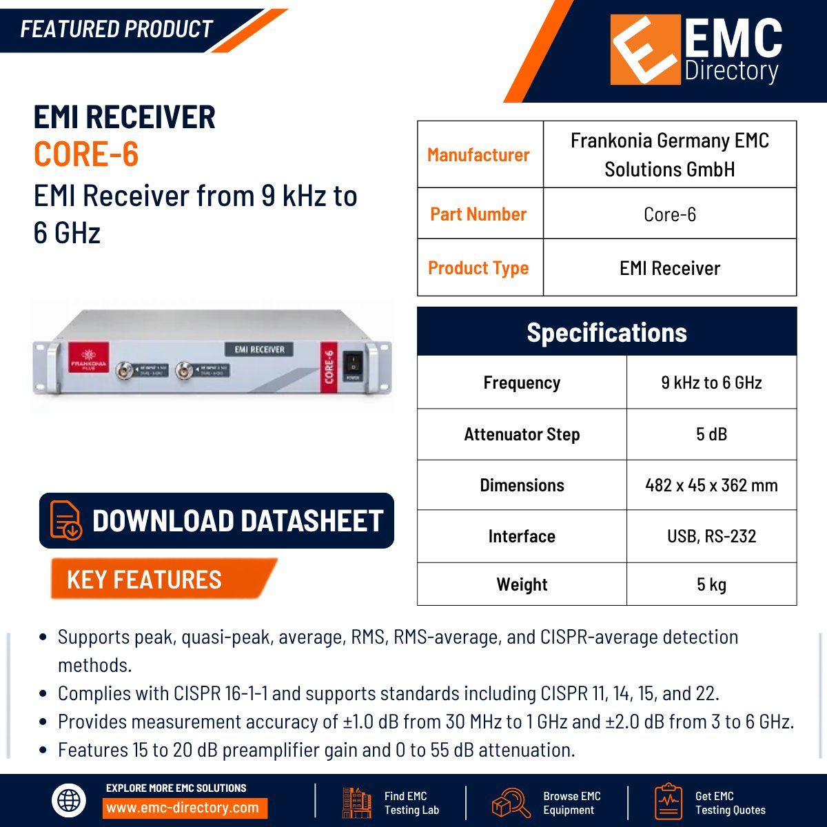 emcdirectory's tweet photo. The CORE 6 from Frankonia is a compact, 19‑inch, 1 RU digital EMI receiver designed for fast, standards-compliant emission measurements.
Read more: https://t.co/14tmdWqp4X
#EMIReceiver #CISPR16 #EMCTesting #RadiatedEmissions #ConductedEmissions #PreCompliance #EMC https://t.co/aCfI3NKO7X