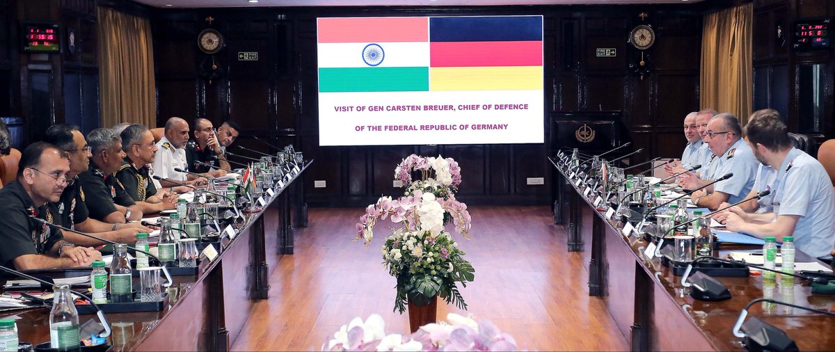 HQ_IDS_India's tweet photo. Gen NS Raja Subramani, #CDS accorded a warm welcome along with a ceremonial guard of honour to General Carsten Breuer, Chief of Defence, #Germany, on his official visit to India on 06 October 2026.

The discussions between the two leaders reaffirmed the enduring #IndiaGermany defence partnership and focused on strengthening military cooperation and deepening strategic & technological engagements.

🇮🇳 🤝 🇩🇪 

@DefenceMinIndia 
@SethSanjayMP 
@SpokespersonMoD 
@MIB_India 
@MEAIndia 
@GermanyinIndia