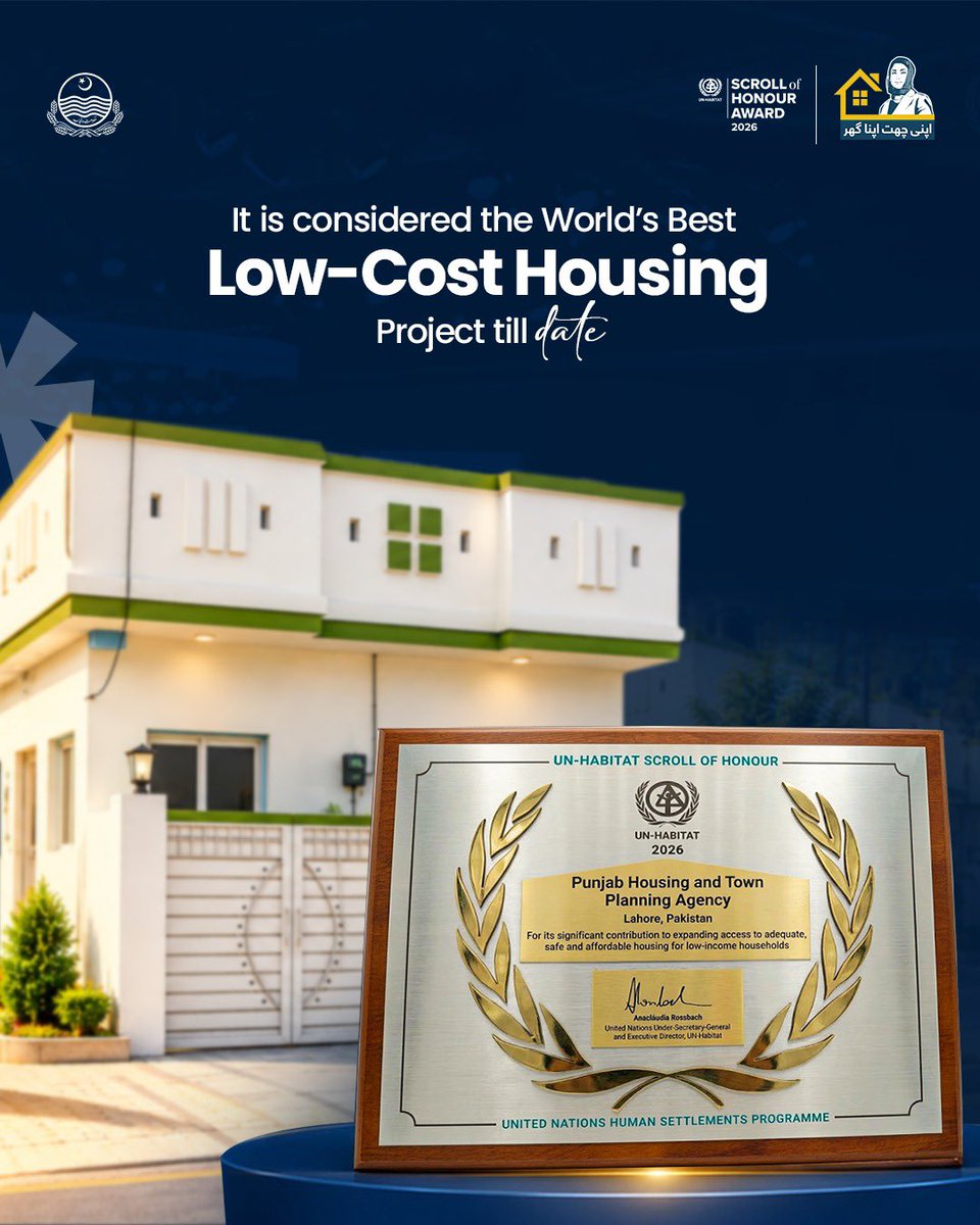 BilalRixwan1's tweet photo. Why did Punjab win the prestigious Honour Award?

🔹500,000 homes built in 5 years under the "Apni Chhat, Apna Ghar" initiative.

🔹It is considered the World's Best Low-Cost Housing Project till date. 

🔹It provided every deserving family a chance to get a home in Punjab. https://t.co/JEYB81sXAW