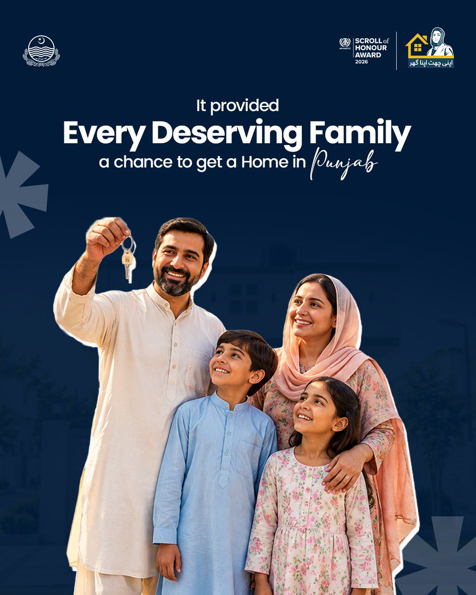 BilalRixwan1's tweet photo. Why did Punjab win the prestigious Honour Award?

🔹500,000 homes built in 5 years under the "Apni Chhat, Apna Ghar" initiative.

🔹It is considered the World's Best Low-Cost Housing Project till date. 

🔹It provided every deserving family a chance to get a home in Punjab. https://t.co/JEYB81sXAW