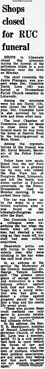 OnThisDayPIRA's tweet photo. #OnThisDay in 1975 the IRA murdered David Smyth Love, 45, married father of 4. Police constable investigating robbery &amp; report of bomb when device exploded at rural Roeview Inn, Dungiven Rd, Limavady. Barman injured. Const had 11 commendations from police &amp; son also serving #OTD https://t.co/tlvrUUQs8w
