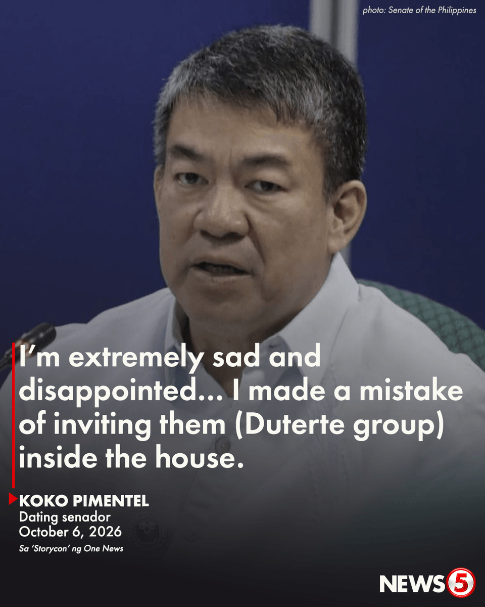 News5PH's tweet photo. ‘WE LIVE WITH THE CONSEQUENCES OF OUR MISTAKES’

Nagsisisi umano ni dating senador Koko Pimentel sa pag-imbita sa Duterte group sa PDP-Laban.

Itinatag ng ama ni Pimentel na si Aquilino “Nene” Pimentel, Jr. ang Partido Demokratiko Pilipino (PDP) noong 1982.

Naging PDP-Laban ito nang pagsamahin ang PDP at ang Lakas ng Bayan (LABAN) noong 1983.

Taong 2015 nang imbitahan ni Koko Pimentel si dating pangulong Rodrigo Duterte sa PDP-Laban.

#Storycon