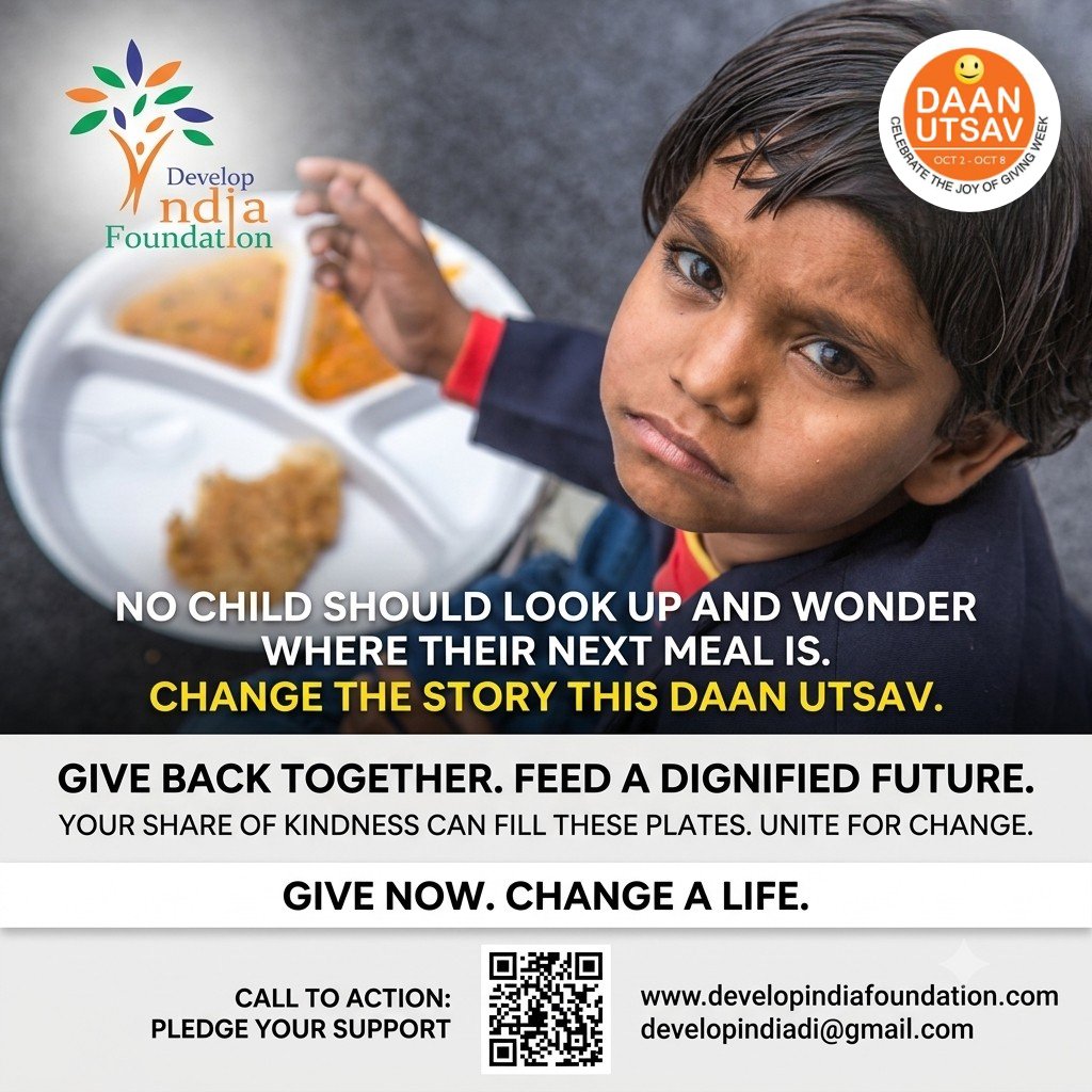 DevelopIndiaFo1's tweet photo. This #DaanUtsav, let’s turn kindness into action. 🍲
Your contribution can help fill a plate, restore dignity and create hope for a better tomorrow.
Give now. Change a life.
#DevelopIndiaFoundation #GiveBack #FoodForAll #UniteForChange https://t.co/oIaA8LP0tY