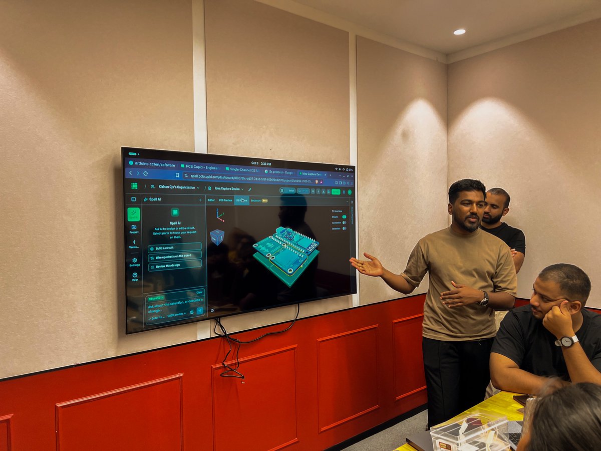 Ayussheth's tweet photo. last sunday, 20 of us built pocket, neo-sapians like wearable in 4 hours.

- learnt power, compute, sensors 
- then how it all fits in a pcb
- soldered all of it together
- flashed the firmware
- used AI to build on top of it

learnt so much about how consumer hardware goes from idea to prototype to manufacturing to a product on shelf.

massive thanks to @buildwithsrini (founder @PcbCupid) as well as @_dc_dhanraj (head of hardware @AinaInterface)

before you ask-
yes, we're doing one again. we know how many of you'll wanted to attend last time but we were sold out

link to register below 👇