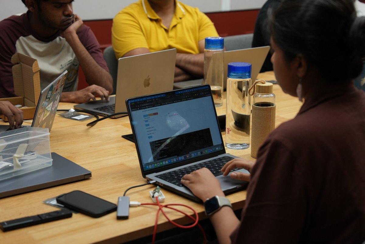 Ayussheth's tweet photo. last sunday, 20 of us built pocket, neo-sapians like wearable in 4 hours.

- learnt power, compute, sensors 
- then how it all fits in a pcb
- soldered all of it together
- flashed the firmware
- used AI to build on top of it

learnt so much about how consumer hardware goes from idea to prototype to manufacturing to a product on shelf.

massive thanks to @buildwithsrini (founder @PcbCupid) as well as @_dc_dhanraj (head of hardware @AinaInterface)

before you ask-
yes, we're doing one again. we know how many of you'll wanted to attend last time but we were sold out

link to register below 👇