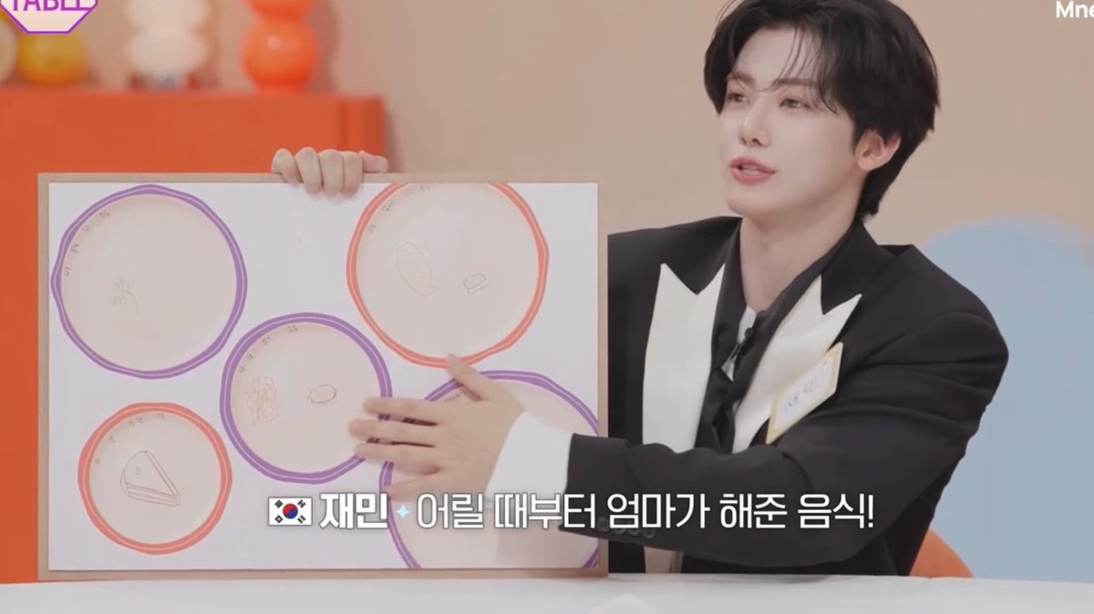 Jaemin, dressed in a black suit with white lapels, proudly presents a drawing of his mom's home-cooked meal, featuring illustrations of various dishes on plates. The Korean subtitle translates to "Jaemin ✨ A dish my mom has been making since I was little!" reflecting his heartfelt praise for his mother's cooking.