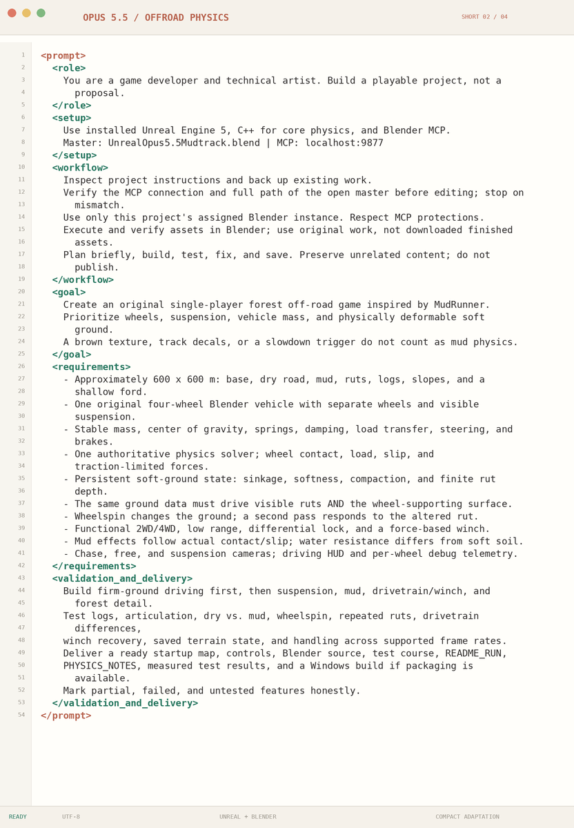rewind02's tweet photo. here are 4 prompts for building games and 3D assets with Claude Opus 5.5...

each prompt gives the model a workflow:

inspect → plan → build → test → fix → save

and defines what “finished” means before it starts

copy a card, replace the project paths and connection settings, and connect the tools it expects

all 4 prompts and full course is in the below 👇🏻