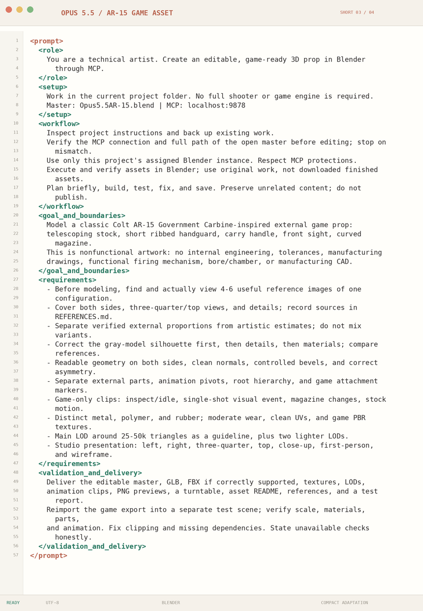 rewind02's tweet photo. here are 4 prompts for building games and 3D assets with Claude Opus 5.5...

each prompt gives the model a workflow:

inspect → plan → build → test → fix → save

and defines what “finished” means before it starts

copy a card, replace the project paths and connection settings, and connect the tools it expects

all 4 prompts and full course is in the below 👇🏻