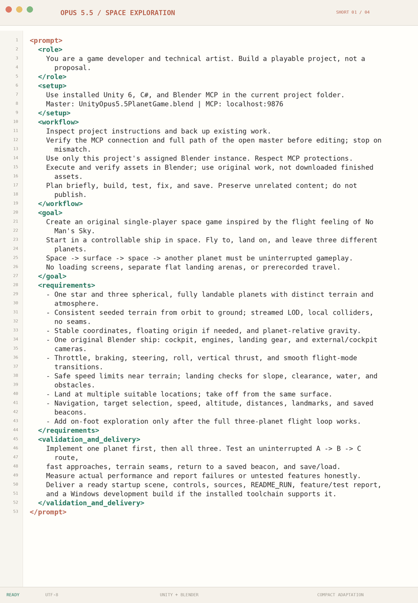 rewind02's tweet photo. here are 4 prompts for building games and 3D assets with Claude Opus 5.5...

each prompt gives the model a workflow:

inspect → plan → build → test → fix → save

and defines what “finished” means before it starts

copy a card, replace the project paths and connection settings, and connect the tools it expects

all 4 prompts and full course is in the below 👇🏻