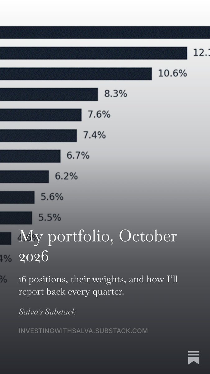 ISalva9730's tweet photo. If anyone is interested in my portfolio weights, you can find my current portfolio here.

Of course, this is not financial advice.

And if you’re not following me on Substack yet, this is a good chance to subscribe! 

I will keep sharing the portfolio updates every quarter.

https://t.co/GAF77jme6b

$HIMS, $DUOL, $AMD, $DLO, $ZETA, $RKLB, $PATH,
$PGY, $NIO, $CLPT, $IBRX, $NAUT, $RXRX