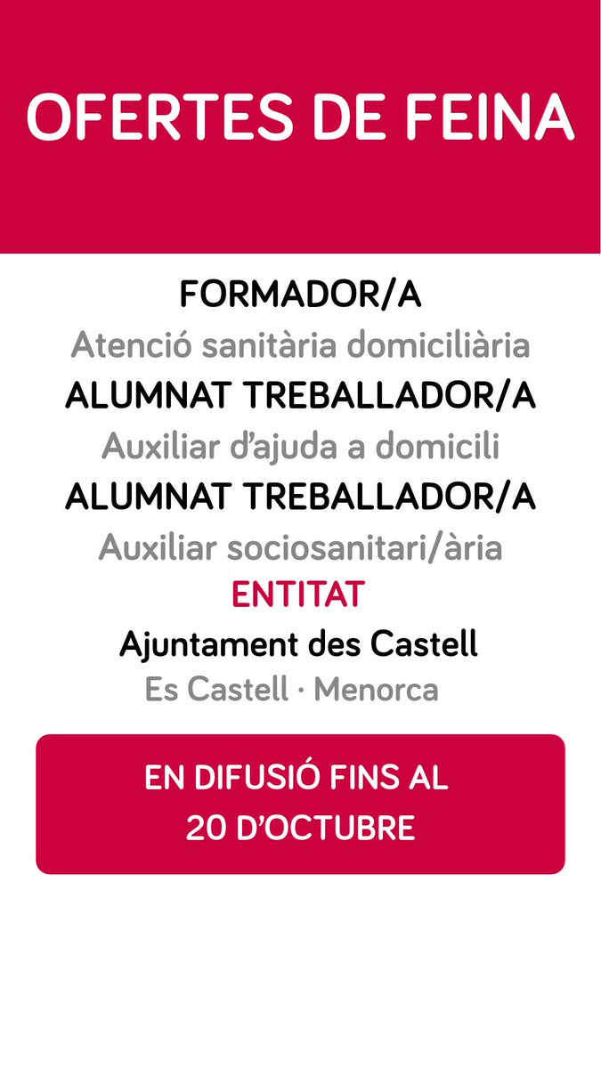 SOIBgoib's tweet photo. 📣 Cerques feina? Consulta les ofertes amb termini obert a Maó, Esporles, Felanitx i es Castell 👇

📅 Revisa la data límit de cada oferta als cartells.
🔎 Requisits i candidatures a https://t.co/ZBLD67d6qN
@goib @treball_goib #SOIB https://t.co/v4ZcrctFle