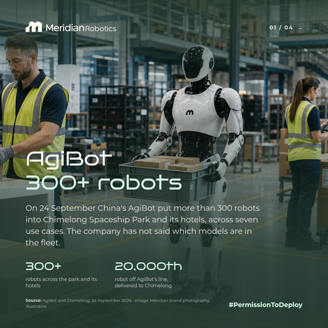 HumanoidPaul's tweet photo. On 24 September, AgiBot and Chimelong put more than 300 robots into Chimelong Spaceship Park and its hotels in Zhuhai - the launch also marking the 20,000th robot off AgiBot's line. 

Seven use cases: live performance, interactive games, education, visitor guidance, retail help, hotel guest services and sport. AgiBot lists safety measures covering network security, privacy, charging and fire.

What makes this different from a warehouse pilot is the public. These robots work among visitors - children, crowds, people who have had no induction.

The safety standard being written for humanoids, ISO/CD 25785-1, is explicitly for industrial mobile robots. The published standard for robots that work around people, ISO 13482, dates from 2014 and is now marked for revision.

An operator doing this in Europe would be writing its own case: the risk assessment for a public space, the insurance that answers when a visitor is hurt, and staff trained to supervise a fleet.

A theme park is not a factory, and the rulebook is written for the factory. Meridian Robotics is the compliance, insurance and training layer that closes that gap.

We do not build robots. We make them deployable.

#PermissionToDeploy #HumanoidRobots #Robotics #PublicSafety #China

Sources:  
AgiBot and Chimelong, "Launch Large-Scale Embodied AI Theme Park with More Than 300 Robots", 24 Sep 2026 - https://t.co/AyR5IbgdXF
ISO, ISO/CD 25785-1, Safety requirements for dynamically stable industrial mobile robots, stage 30.60 (8 Jul 2026) - https://t.co/oKzjL9pheS
ISO, ISO 13482:2014, Safety requirements for personal care robots, stage 90.92 - https://t.co/UYmfpMTS2X