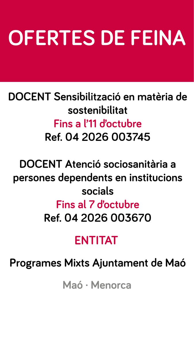 SOIBgoib's tweet photo. 📣 Cerques feina? Consulta les ofertes amb termini obert a Maó, Esporles, Felanitx i es Castell 👇

📅 Revisa la data límit de cada oferta als cartells.
🔎 Requisits i candidatures a https://t.co/ZBLD67d6qN
@goib @treball_goib #SOIB https://t.co/v4ZcrctFle