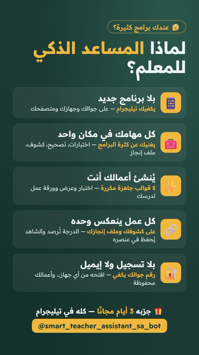al_zara1's tweet photo. ✨ «المساعد الذكي للمعلم» — أعمالك كلها في محادثة واحدة داخل تيليجرام

اكتب طلبك بجملة واحدة، ويصلك الملف جاهزًا بالترويسة الرسمية 👇
مثلا
«أنشئ اختبارًا شهريًا في العلوم  للصف الخامس، 20 سؤال اختيار من متعدد، الوحدة الأولى»
فيصلك الاختبار PDF مع نموذج الإجابة وجدول المواصفات خلال دقيقة.

📁 ملف الإنجاز: أرسل صورة الشاهد، والبوت يصنّفها على عنصرها، ثم تستلم ملفًا جاهزًا للطباعة بقوالب أنيقة.
📊 الدرجات والمتابعة: كشف لكل مادة حسب دليل توزيع الدرجات، ومتابعة يومية تنعكس على الكشف الرسمي تلقائيًا.
📝 الاختبارات: فترية ونهائية، مع نموذج (ب) ونسخة Word للتعديل.
📸 التصحيح بالتصوير: صوّر أوراق الطلاب، فتُصحَّح وتُرصد الدرجات مع تقرير تحليل النتائج.
🧩 أوراق العمل والعروض التقديمية: لأي درس، مع ورقة الحل وملاحظات الشرح تحت كل شريحة.
🤖 وضع AI: اكتب ما تريد بلغتك، والبوت ينفّذه.

✅ بلا تطبيق ولا موقع ولا كلمة مرور
✅ دليل مصوّر داخل البوت، ودعم فني مباشر
💰 

🎁 جرّبه مجانًا اليوم:
👉 https://t.co/FkInP5zpTw

AD
