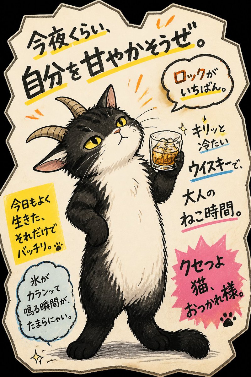 bsIJYVzQ52tdVAS's tweet photo. だいたい毎日ヤギまぬる

肉球つくりなPOP！

たまには自分を甘やかしたっていいじゃない
ロックなウイスキーが蕩けさせる
黒ヤギまぬるの自分へのご褒美POP

#猫好きさんと繋がりたい #aiart https://t.co/WcPjt550xD