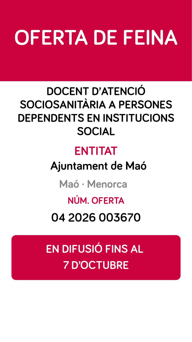 SOIBgoib's tweet photo. 📣 Cerques feina? Consulta les ofertes amb termini obert a Maó, Esporles, Felanitx i es Castell 👇

📅 Revisa la data límit de cada oferta als cartells.
🔎 Requisits i candidatures a https://t.co/ZBLD67d6qN
@goib @treball_goib #SOIB https://t.co/v4ZcrctFle