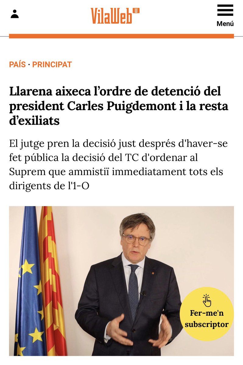 francescd's tweet photo. És una victòria enorme de la presidència de la Generalitat perquè espanya tenia l’obsessió d’empresonar-la. 

No era empresonar @krls Puigdemont, que també, era sobretot la imatge d’empresonar un cop més la presidència de la Generalitat. I espanya ha fracassat perquè no comptaven amb la tossuda i profunda determinació patriòtica de qui l’ostentava: @KRLS Puigdemont.

Des del primer moment va tenir clar que la presó no era una opció i ha aguantat nou anys d’exili amb la pressió bruta dels serveis secrets espanyols, del PSOE, del PP, de vox, de massa gent d’ERC o dels Comuns (encara avui mateix, miserables!), de les clavegueres espanyoles i d’uns tribunals adulterats al servei de la casta franquista.

És una victòria de Catalunya, de la presidència de la Generalitat, sense paliatius. 

I una derrota estrepitosa d’espanya, que va de Rajoy a Pedro Sánchez, passant per Llarena, Marchena, Illa i tota la corrua d’espanyolots al servei de la repressió.

Pensis com pensis, votis el que votis, avui els independentistes estem de festa, victòria!

I visca Catalunya lliure!
