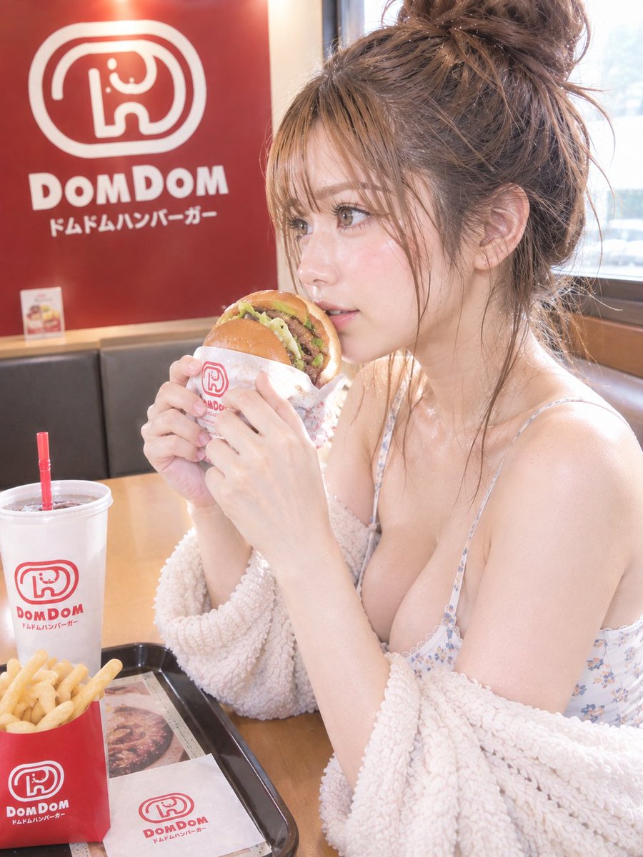 two_me_two's tweet photo. 今日はドムドムの日🍔💕

せっかくだからドムドム食べてきた〜！
やっぱりハンバーガーって最高☺️

みんなはドムドム食べたことある？

#ドムドムの日 #ドムド厶バーガー #ハンバーガー #バーガー #今日のごはん #食べ歩き #日常 #AIグラドル #AI美女 #白石ミユ https://t.co/AyklhQ5GlK