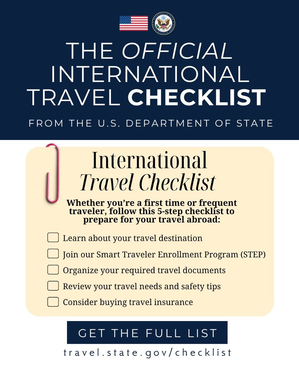 klassiqueTrave1's tweet photo. Traveling internationally soon? ✈️ Make sure you check off all 5 steps on the official U.S. Department of State International Travel Checklist before you go!
🎥:@travelgov
#travelingtips
#traveltuesday
#travelsmart
#travelsafety
#traveltips https://t.co/EHnLRvgL1t