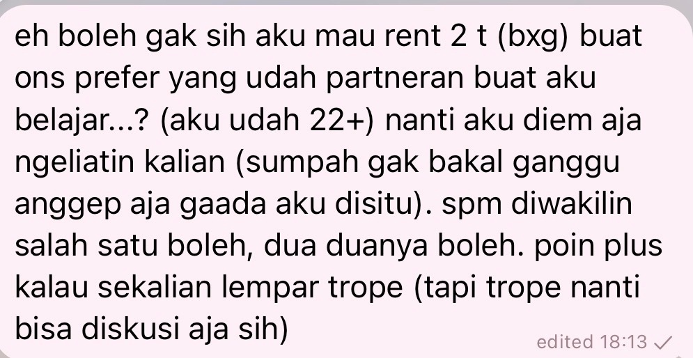 bermuara_sayang's tweet photo. CW // NSFW
 bf &amp; gf sayang! (bxg) yang sesuai kayak di foto please..? btw incase bertanya aku udah 22+ ya. aku disitu nanti as viewer aja gak bakal jump in samsek. not in rush, asal masih di bulan ini. https://t.co/xMx2x8GHk3