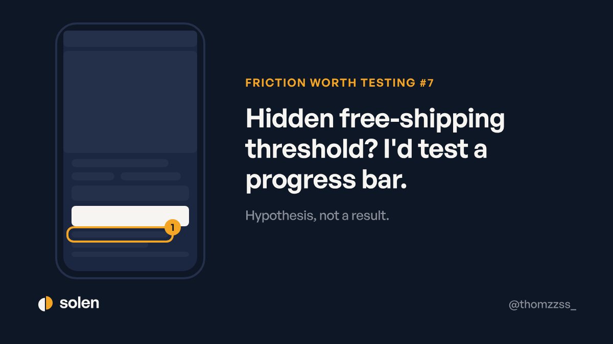 thomzzss_'s tweet photo. Shopify friction worth testing #7:

A free-shipping threshold nobody sees until the cart.

Hypothesis: showing progress ("$12 away from free shipping") nudges order size.

Test: progress bar in the cart drawer vs none.
Metric: average order value. https://t.co/PqI5JKhhWd