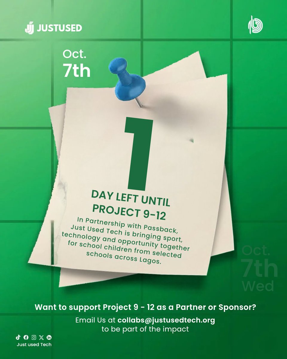 JustusedTech's tweet photo. 1 DAY TO GO!
Tomorrow, Project 9–12 comes to life! 🎉
Date: 7 October 2026
Time: 9AM – 4 PM
We’re ready🔥
#Project912 #JustUsedTech #CircularEconomy #Sustainability #GreenTech #EWaste #YouthEmpowerment #SDG9 #SDG12 https://t.co/trTZorhnth