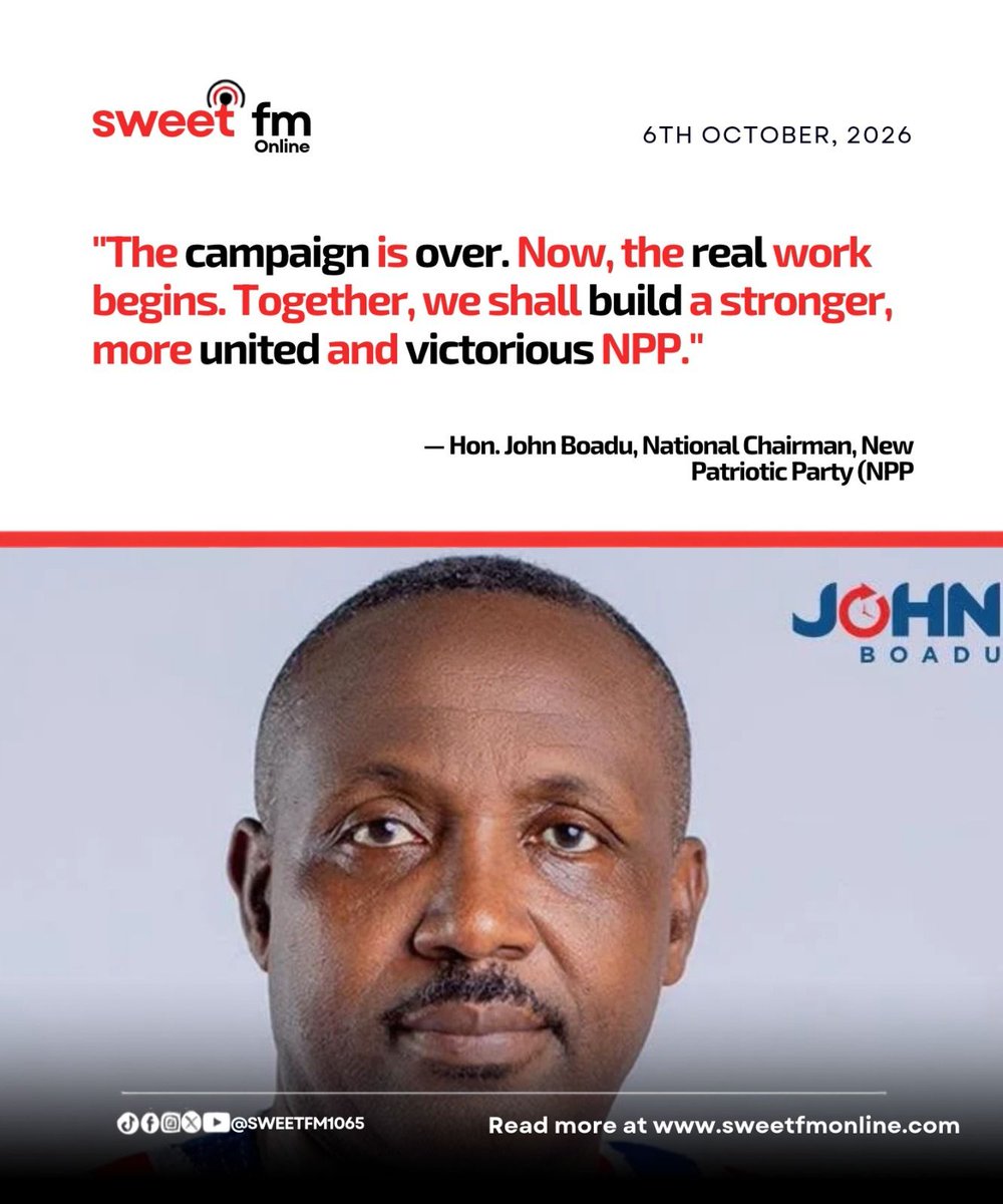 SweetFMOnline's tweet photo. "The campaign is over. Now, the real work begins. Together, we shall build a stronger, more united and victorious NPP."
— Hon. John Boadu, National Chairman, New Patriotic Party (NPP)
#SweetFMOnline #NPP #JohnBoadu #GhanaNews https://t.co/VxuItfu74T
